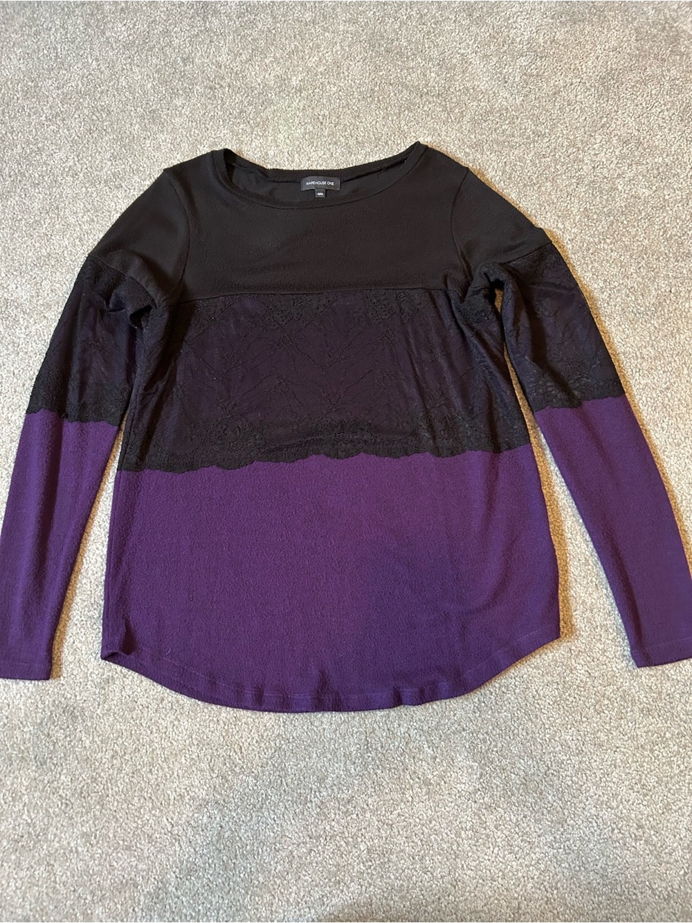 Warehouse One Black and Purple Lace-Trim Long Sleeve Top BNWOT